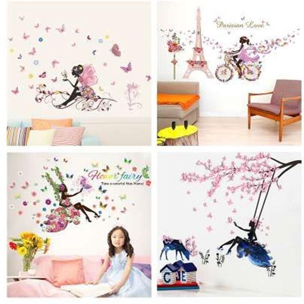 Borboleta flor fada adesivos de parede para quartos infantis decoração do quarto diy decalques de parede dos desenhos animados mural arte pvc cartazes das crianças gi222q