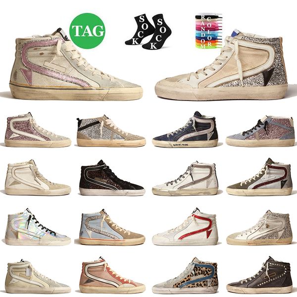 Designer-Damen-Herren-Goldene High-Top-Freizeitschuhe, weißes Nappaleder, Wildleder, Beige mit rosa Metallic-Ledersternen, Turnschuhe, schmutzige alte Turnschuhe, Luxusschuh der italienischen Marke