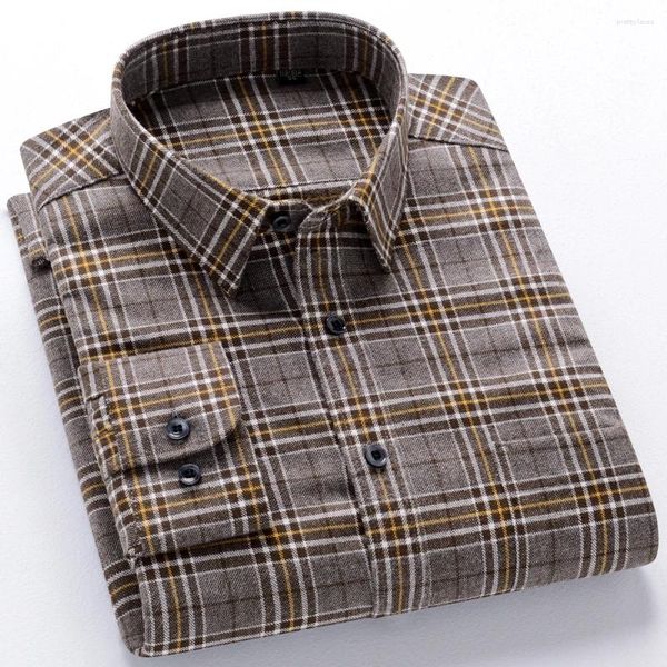 Camisas casuais masculinas flanela de algodão puro regular-ajuste manga longa camisa escovada bolso único confortável xadrez xadrez grosso