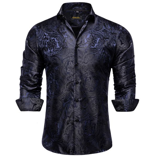 Camisas casuais masculinas luxo azul preto paisley camisas de seda para homens manga longa festa de casamento baile smoking vestido camisa casual designer roupas 231205