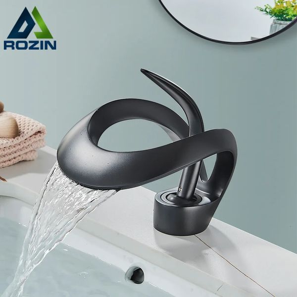 Altri rubinetti Docce Accessori Rozin Rubinetto per lavabo nero di lusso Rubinetto per miscelatore a cascata per bagno grigio Montaggio su piattaforma in ottone Gru per lavandino con acqua fredda stile moderno 231204