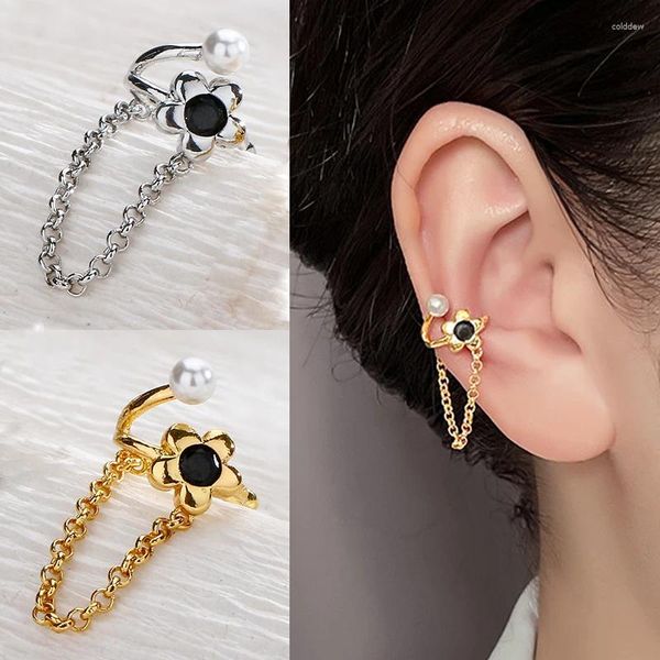 Rücken Ohrringe 1pc Schwarz Kristall Blume Clip Mit Kette Vergoldet Koreanische Mode Kein Piercing Conch Knorpel Schmuck F152