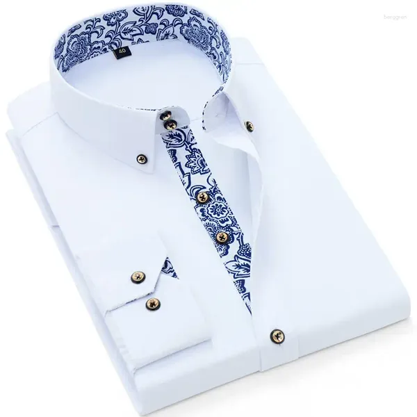 Camisas casuais masculinas azul e branco porcelana impressão camisa de negócios