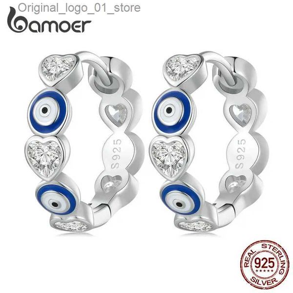 Stud Bamoer 925 Sterling Silber Blau Evil Eye Ohrschnallen Herzförmige Zirkon Creolen für Frauen Geschenk Edlen Schmuck BSE806 Q231205