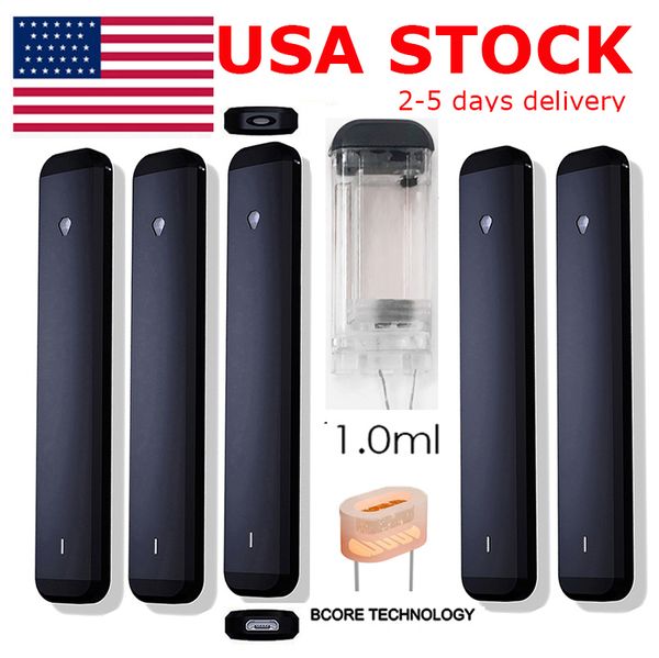 USA STOCK 1 ml Sigaretta elettronica Pod Penna Vape usa e getta Vaporizzatori vuoti Carrelli per olio denso Penne piatte Batteria ricaricabile USB 280 mAh Bobina in ceramica D9 Penna nera Scatola con logo personalizzato