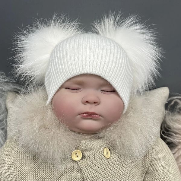 Mützen Hüte MISSJANEFUR Winter Angora Gestrickte Hüte Infant Baby Nette Doppel Pom Beanie Hut Kleinkind Großhandel Kind Kinder Warme Kappen 231123