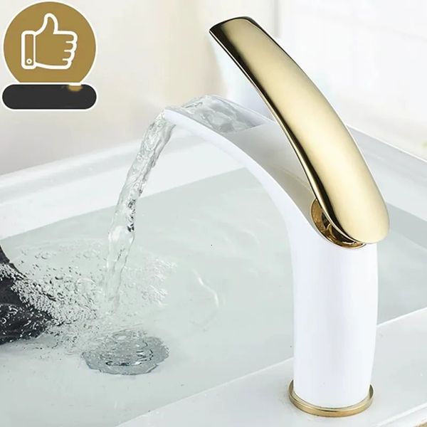 Altri rubinetti Docce Accessori lavabo Rubinetto da bagno alto basso in ottone bianco Tipo aperto Cascata Miscelatore lavello acqua fredda oro Torneira 231204