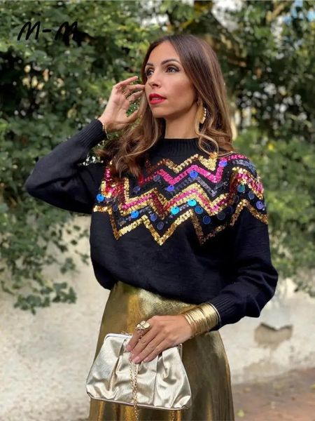 Maglioni da donna Onda colorata con paillettes Oneck Maglione lavorato a maglia Donna Moda Pullover a maniche lunghe a costine Top Autunno Elegante Party Club Street Chic Maglione 231204