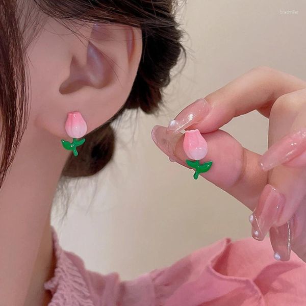 Ohrstecker U-Magisches Temperament Rosa Tulpen Spray Blume Earing Für Frauen Fantasie Grüne Pflanze Metall Party Ohrring Schmuck Zubehör