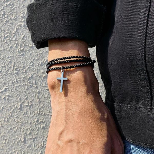 Charme pulseiras cruz pulseira corda preta corda trançada ajustável artesanal para mulheres homens irmão sorte