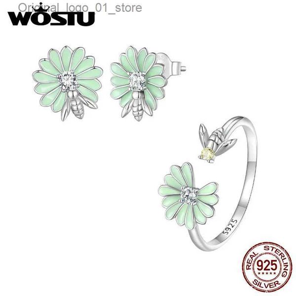 Stud Wostu Genuine % Sterling Silver Daisy Bee Jóias Set Esmalte Pave CZ Anéis de Dedo Brincos Studs para Mulheres Fine Q231205