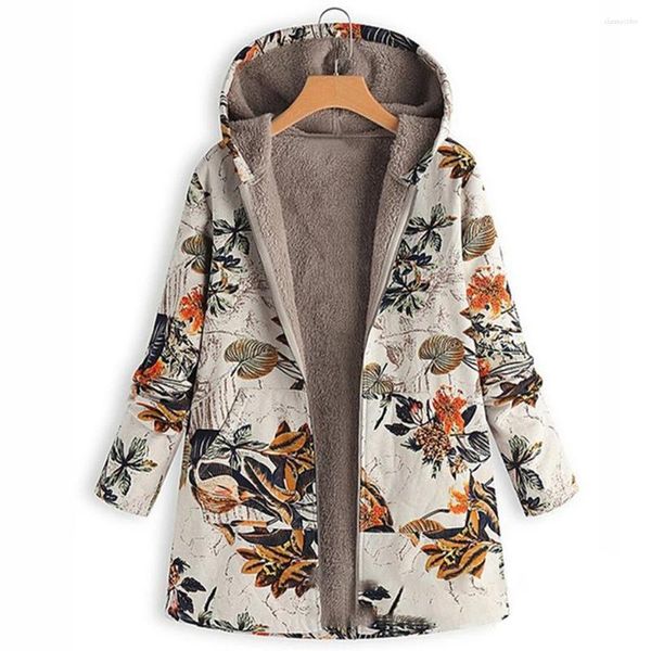 Jaquetas femininas retro floral impressão forro de lã longo senhoras manga quente com capuz outwear casacos jaqueta roupas femininas
