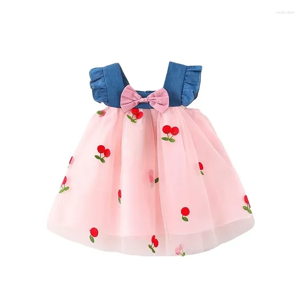 Mädchenkleider Bmnmsl Kleinkind Baby Mädchen Prinzessin Kleid Kirsche Stickerei Mesh Patchwork Denim Rüschen Ärmellos Niedliche Schleife Tüll Tutu