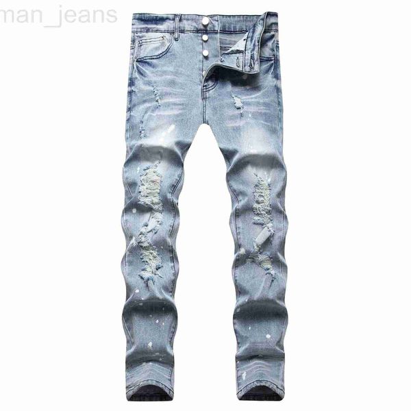 Herren Jeans Designer Neue 2023 Frühling Trendy Herren Helle Farbe Perforierte Jeans mit Gefalteten Slim Fit Elastische Füße Herren Hosen JS8H