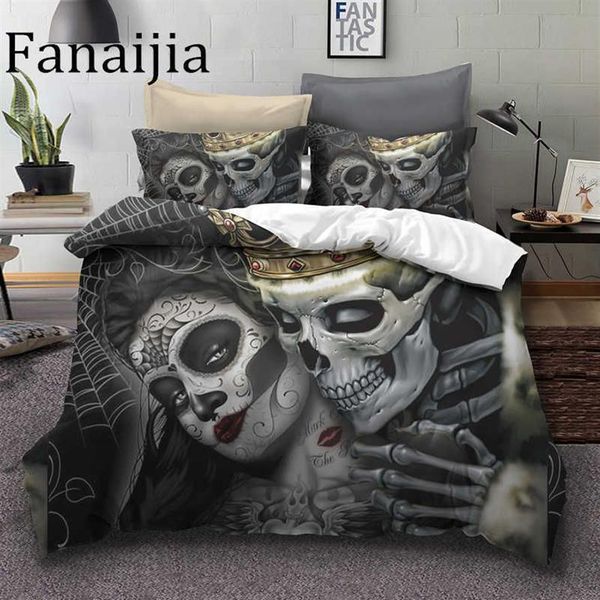 Fanaijia Set di biancheria da letto con teschio di zucchero re bellezza bacio Copripiumino Set da letto Stampa bohémien Biancheria da letto nera biancheria da letto queen size 210615274A