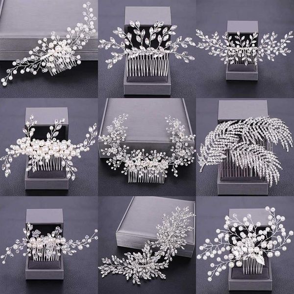 Frauen Haarkämme Hochzeit Haarschmuck Tiara Perle Strass Silber Farbe Braut Haarschmuck Blüte Schmuck Stirnband X0201j