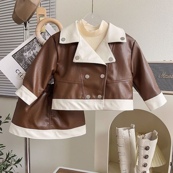 Conjuntos de roupas 2023 moda meninas bebê primavera outono conjunto pu jaqueta saias criança aniversário crianças roupas de couro falso 2 pc terno 231204