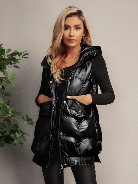 Coletes femininas moda outono e inverno sem mangas patente com capuz frontal zíper botão detalhes sólido puffer casaco ao ar livre roupas quentes 231204