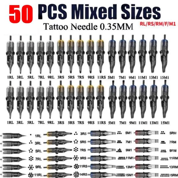 Agulhas de tatuagem 50 cartuchos de tinta misturada cartucho original agulhas de tatuagem RL RS RM M1 F desinfecção descartável segurança 231205