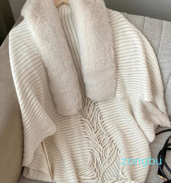 Lenços inverno cashmere malha xale manto poncho feminino gola de pele de borla capa elegante ponchos quente envoltório lã cardigan