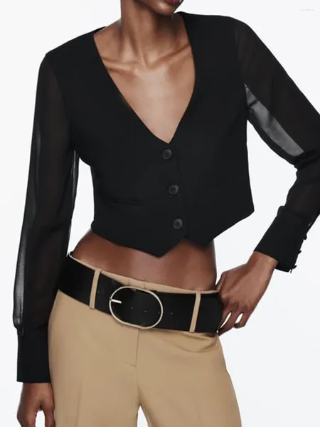 Ternos femininos 2024 malha manga longa retalhos blazer mulher com decote em v único breasted colheita topo roupas casual sólido fino elegante casaco cortado