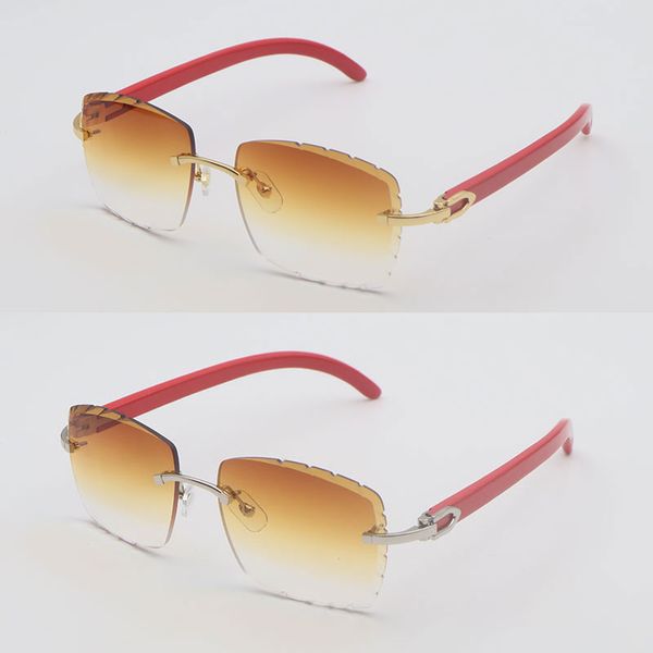 Designer Diamond Cut Lens Occhiali da sole da uomo senza montatura in legno rosso per donna lentes de sol Montature per occhiali da sole quadrati grandi in legno rosso per la decorazione C Occhiali di lusso Nuovo