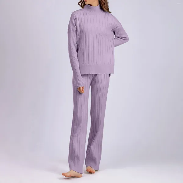 Calças femininas de duas peças outono inverno cor sólida manga comprida gola alta camisola de malha perna larga conjunto de pijama para mulheres seda floral shorts de sono