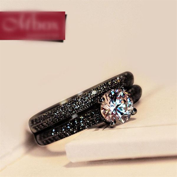 Vintage feminino cristal redondo anel de casamento conjunto moda preto ouro nupcial anel de noivado promessa zircão pedra anéis para women317w