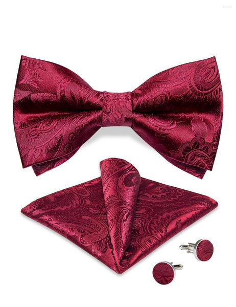 Papillon da sposa Paisley rosso da uomo cravatta per lo sposo classico moda pre-legato papillon in seta fazzoletto da taschino gemelli set camicia da uomo Decor