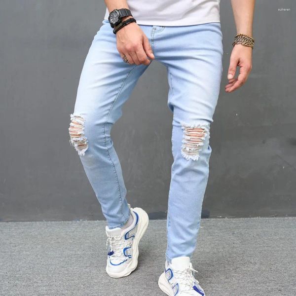 Erkek kot pantolon hip hop yırtılmış sıkıntılı ince kalem giyim şık erkek streç delikler gündelik denim pantolon