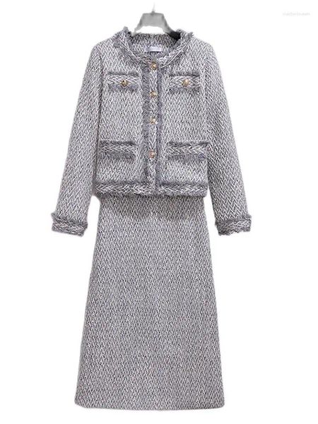 Arbeitskleider Hohe Qualität Zweiteilige Einreiher Tweed-Jacke Taillenrock 2023 Winter Koreanische Mode Damenbekleidung