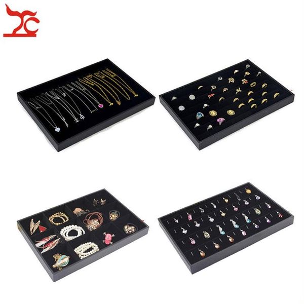 Bandeja empilhável de veludo preta para exibição de joias, colar, anel, brinco, vitrine, pingente, armazenamento de relógio, caixas de joias 2441