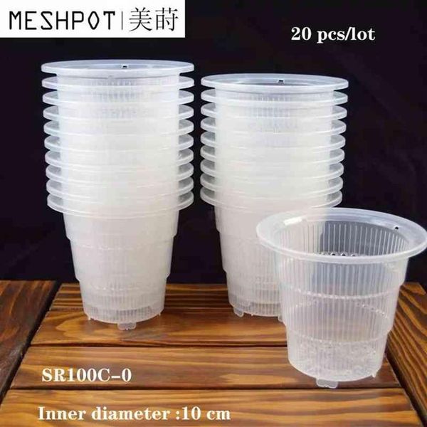 20 pezzi / lotto Meshpot 10 cm Plastica trasparente Orchidea Cactus Vasi Fioriera succulenta con fori Funzione di potatura dell'aria Slot di crescita delle radici 2104244J