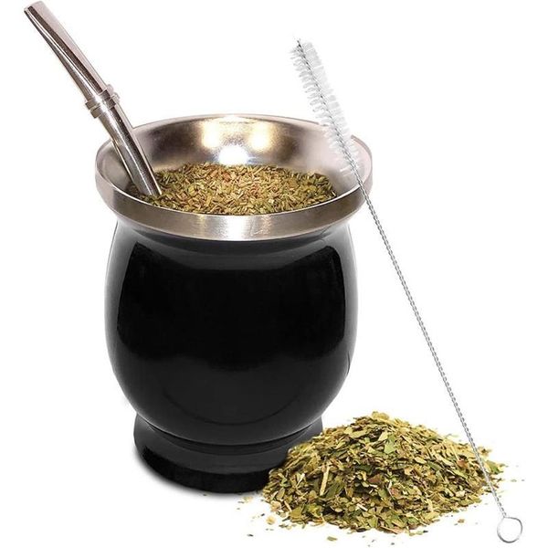 Tazze Yerba Mate Zucca Naturale Tazza da Tè Set 8 Once Bombillas Spazzola per la Pulizia della Paglia Acciaio Inossidabile a Doppia Parete Facile da Pulire270J