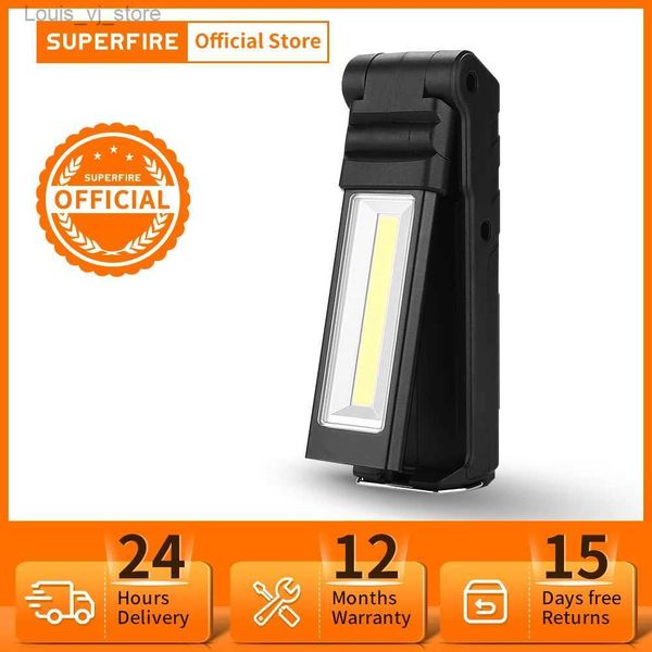 Lanterna de acampamento SUPERFIRE G15 / S Lanterna LED + luz de trabalho COB com conjunto de bateria magnética recarregável USB embutida tocha dobrável multifuncional YQ231205