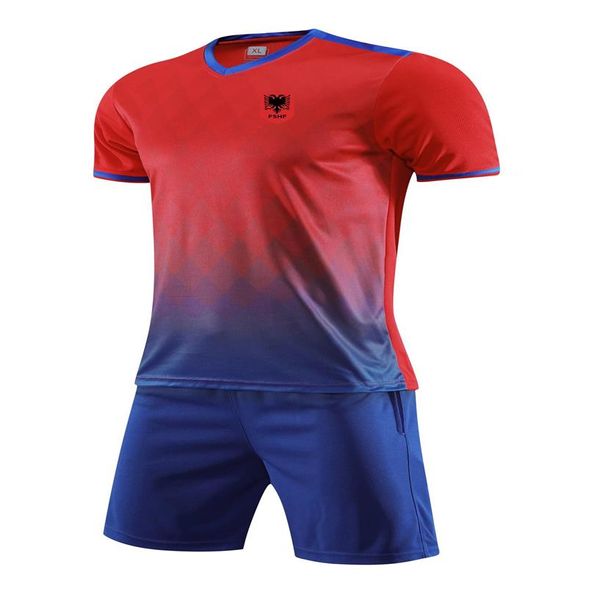 Мужские спортивные костюмы из Албании, быстросохнущая футбольная рубашка с коротким рукавом, спортивные футболки с логотипом на открытом воздухе, топ и шорты Whole2369