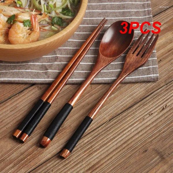 Conjuntos de louça 3 pcs colher de madeira garfo faca pauzinhos conjunto de talheres reutilizáveis talheres de cozinha utensílio doméstico escritório camping