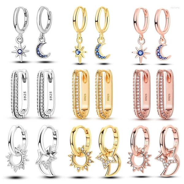 Orecchini a cerchio in argento sterling 925 per le donne di lusso in oro rosa colore cuore stella luna regali di gioielli da sposa di compleanno raffinati