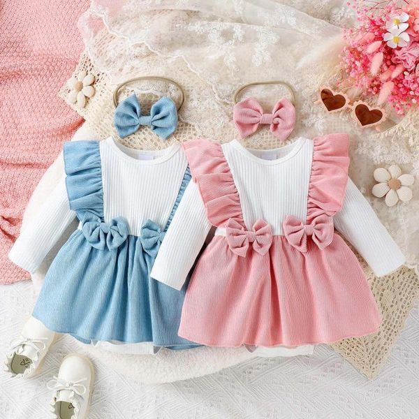 Pagliaccetti Romer Dress Born Neonate Vestiti Tute Tute Pagliaccetto manica lunga con fascia Set di due pezzi 0-18 mesi