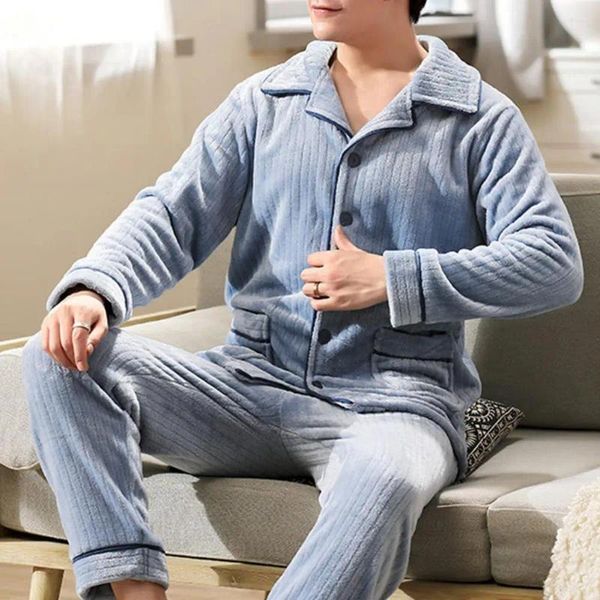 Pijamas masculinos manga longa conjunto loungewear pijamas de inverno com lapela listrado design cintura elástica grosso quente macio homewear calças superiores