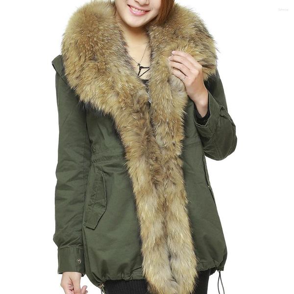 Trench da donna Cappotto in cotone da donna invernale stile Maomaokong Giacca con collo in vera pelliccia di procione naturale Parka femminile con grande soffice