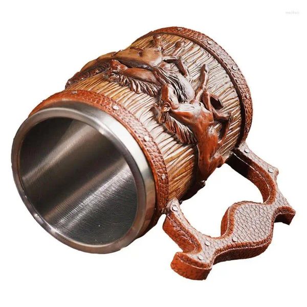 Tazze Boccale di birra fatto a mano Tazza in acciaio inossidabile di legno Creativo 3D Cavalli in corsa Simulazione Boccale in botte di legno Doppia parete Vintage