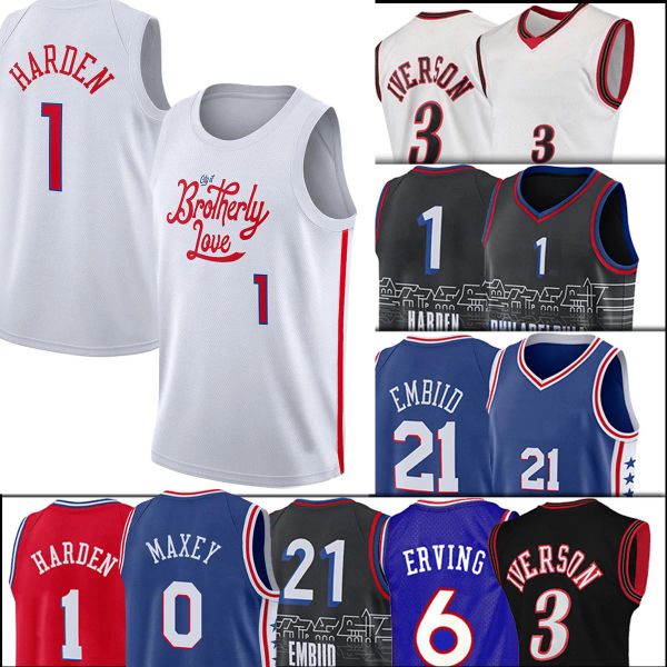 Herren Philadelphias James Harden 76er Basketballtrikot Allen Iverson 3 Joel Embiid 21 Tyrese Maxey 0 Home Bue White 2023 2024 Trikots