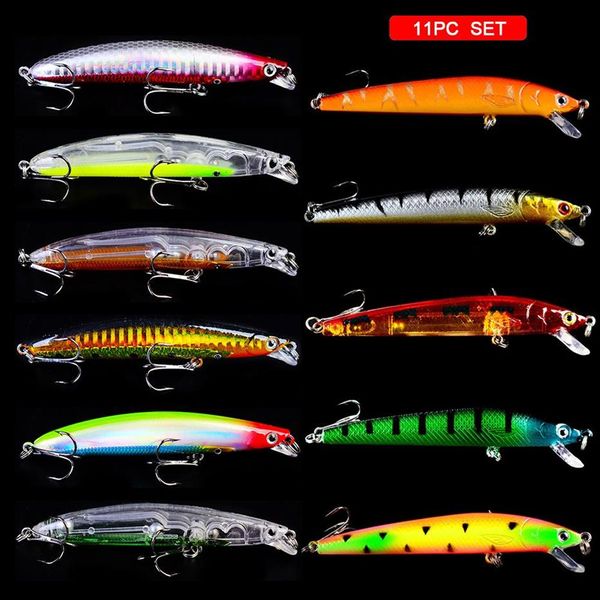 11Pcs Set 95mm 9 5g 6# Haken Minnow Angeln Locken Kunststoff Bassbait Haken Künstliche Bass Crankbait Tackle261M