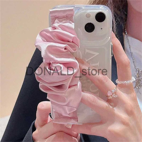 Casos de telefone celular coreano bonito rosa seda pulseira banda transparente caso de telefone para iphone 14 13 12 11 pro max menina presente à prova de choque capa macia funda j231206