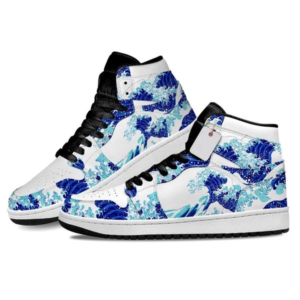 Moda Homens Mulheres Anime Vestido Sapatos Japonês Kanagawa Great Wave J1 Sneakers Itália Clássico High Top Manga Designer De Couro Personalizado Para Fãs Animes Sapatos Esportivos UE 36-48