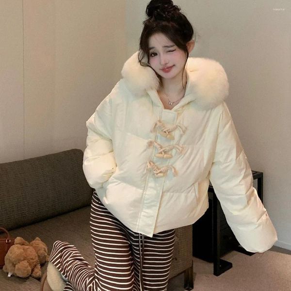 Casacos de trincheira femininos moda coreana gola de pele com capuz jaquetas de algodão casual branco para baixo casaco de inverno mulheres y2k botão de chifre quente jaqueta acolchoada