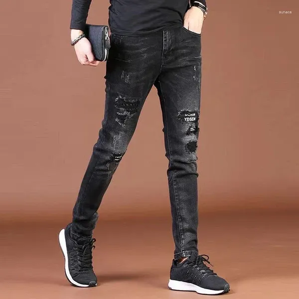 Calças de brim masculinas calças apertadas homem cowboy calças slim fit quebrado magro rasgado preto com buracos rasgados denim lavado regular luxo