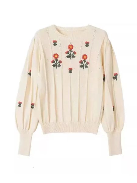 Damen-Strick-T-Shirts, floral bestickter Vintage-Strickpullover, Pullover, Damen-Laternenärmel, O-Ausschnitt, Strickwaren, Tops, 2024, Frühling, elegant, schick, Damenpullover 231206