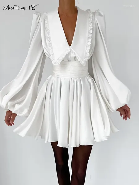 Vestidos casuais branco elegante vestido de baile vestido mulheres puff manga v-pescoço renda a linha festa noite 2024 drape mini magro